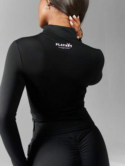 MISSGUIDED Missguided x Playboy جاكيت رياضية حلزونية الأمام أداء الطبقة الأساسية ضاغطة للتمرين والجري واليوغا واللياقة البدنية