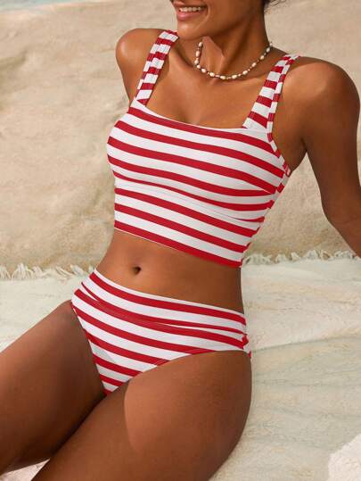 طقم تانكيني حريمي Swim Mod طقم بنطال عريض الأشرطة وسترة خزامى ملابس علوية للنساء
