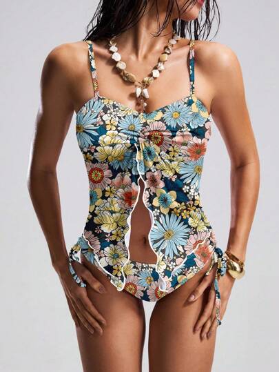طقم تانكيني حريمي Swim قطعتان من بيكيني المرأة ذات النمط الأزهار والنمر الأنيق المثير، مطبوع رقميا، مناسب للشاطئ والعطلة والحفلات الكاجوال في الربيع والصيف