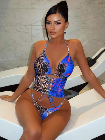 طقم تانكيني حريمي Swim SXY قطعة واحدة بكيني نسائي مثير بطبعة نمر مع ربطة أمامية