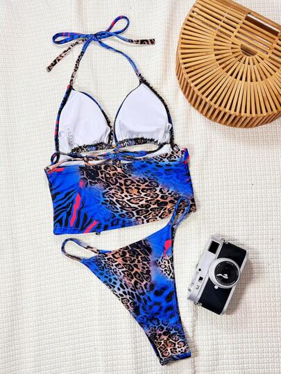 طقم تانكيني حريمي Swim SXY قطعة واحدة بكيني نسائي مثير بطبعة نمر مع ربطة أمامية