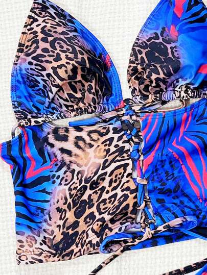 طقم تانكيني حريمي Swim SXY قطعة واحدة بكيني نسائي مثير بطبعة نمر مع ربطة أمامية
