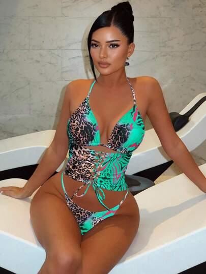 طقم تانكيني حريمي Swim SXY بكيني للنساء بطبعة جلد النمر ، ذو أربطة حول الرقبة وجذاب