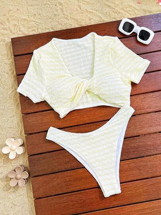 Swim SXY 2 قطعة من البكيني بلون واحد، تنورة سباحة ثلاثية الشكل وبلوزة سباحة كم قصير