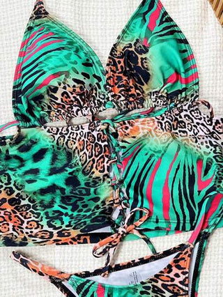 طقم تانكيني حريمي Swim SXY بكيني للنساء بطبعة جلد النمر ، ذو أربطة حول الرقبة وجذاب