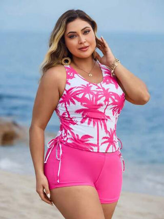 Swim Lushoire بكيني قياسات كبيرة بلا ظهر مطبوع بأشجار النخيل فلورسنت والنباتات، للاصطياف