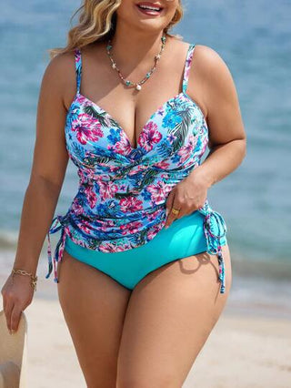 Swim Lushoire طقم بكيني نسائي متنوع الألوان والطباعة بمقاسات كبيرة، مع أربطة على الكتف قابلة للتعديل ودعامة داخلية رافعة للصدر، وتصميم مكشوف متقاطع أمامي وربطة خلفية بفتحة على الخصر تصميم مريح للشاطئ