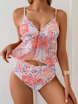 طقم تانكيني حريمي Swim خزان ملابس علوية بيكيني خصر عالٍ قابل للتعديل بمزيّن كشكشة زهري حلو للنساء