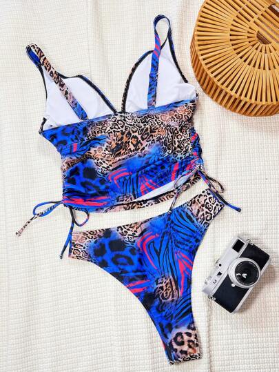طقم تانكيني حريمي Swim Lushoire مجموعتان من البكيني ذات الغطاء العميق بطبعة النمر وحزامين للنساء، ملابس سباحة