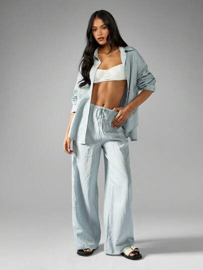 طقم حريمي قطعتين MISSGUIDED قميص و بنطلون من الكتان المخطط مجموعة قطعتين منسقة