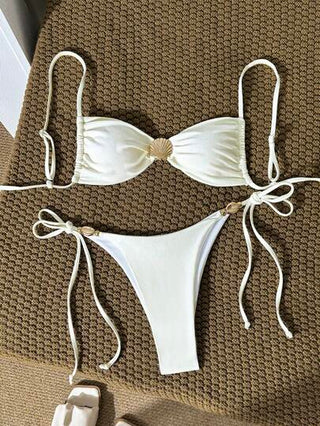 طقم تانكيني حريمي Swim Vcay سباغيتي صمام إسفين مبطن بتزيين أصداف البحر والجزء السفلي مربوط من الجانب، مجموعة بكيني صيفي للنساء