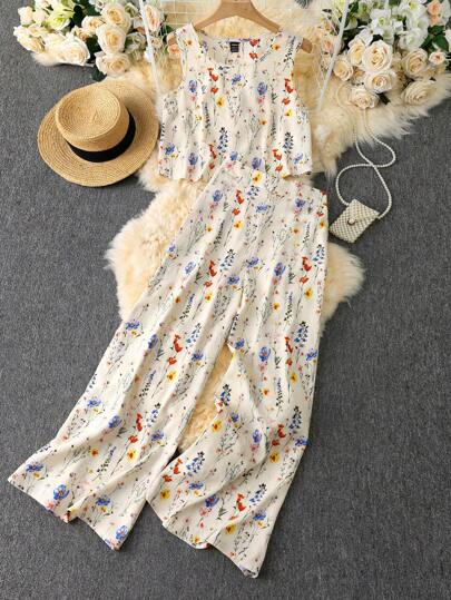 SHEIN LUNE مجموعة متطابقة للنساء للعطلات: توب بلا أكمام وبنطلون واسع الساق كاجوال، أزياء صيفية للنساء في العطلات، مجموعة قطعتين للعطلات، فساتين صيفية للنساء لأزياء العطلات في الجزيرة، كاجوال