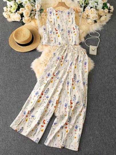 SHEIN LUNE مجموعة متطابقة للنساء للعطلات: توب بلا أكمام وبنطلون واسع الساق كاجوال، أزياء صيفية للنساء في العطلات، مجموعة قطعتين للعطلات، فساتين صيفية للنساء لأزياء العطلات في الجزيرة، كاجوال
