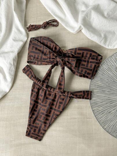 Swim Basics مجموعة بكيني مكونة من 2 قطعة للنساء بطبعة زهرية، ملابس علوية بانديو والبيكيني المثير، صيفي
