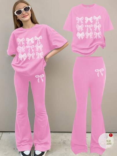 girls-sets 2 قطعة طقم ملابس علوية أكمام قصيرة وبنطال للفتيات البالغات، يناسب الصيف، بتصميم بسيط وعصري