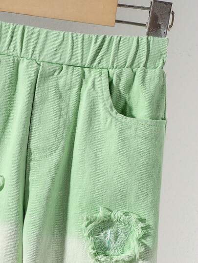 مجموعة 2 قطعة ملابس علوية ملابس علوية مقصر ذو ياقة بلا أكمام هادئ وجميل وبنطلون جينز طويل مزين بتطريز الفراشة عتيق، صيفي