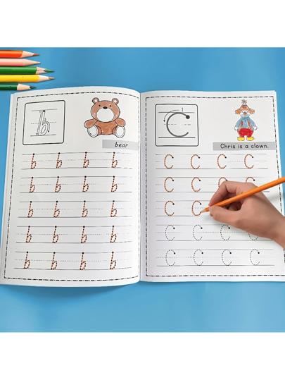 أدوات مكتبية ومدرسية كتاب تمارين طباعة وكتابة الحروف الأبجدية الإنجليزية من الألف إلى الياء مكون من 52 صفحة، مصمم ملون مناسب لمرحلة رياض الأطفال ، كراس ورقي متين للتلوين وتتبع وممارسة الكتابة ل- 26 حرف كبير وصغير إنجليزي، أداة تعليمية للعودة للمدرسة