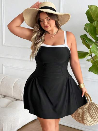 SHEIN CURVE+ ملابس سباحة قطعة واحدة مضلعة باللون الأحادي مع أربطة قابلة للتعديل والخصر العالي متصل بسروال السباحة، ملابس سباحة أنيقة وجذابة للسيدات في عطلة الشاطئ