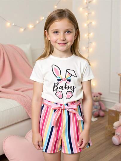 girls-sets مجموعتان من تي شيرت كم قصير وبنطال ذو خطوط ملونة مع خيط للفتيات بعمر المراهقة، بتصميم أذن أرنب وفيونكة كيوت، مناسب لفصلي الربيع والصيف