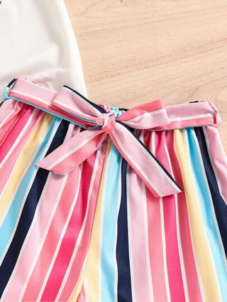girls-sets مجموعتان من تي شيرت كم قصير وبنطال ذو خطوط ملونة مع خيط للفتيات بعمر المراهقة، بتصميم أذن أرنب وفيونكة كيوت، مناسب لفصلي الربيع والصيف