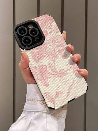 حافظة هاتف ناعمة سيليكونية مضادة للصدمات بتصميم شرائط عمودية وبنقش زهور وداخل قماش جلدي زهري معمول باليد متوافقة مع Apple, S16/S16 Plus/S16 Pro/S16 Pro Max قطعة واحدة
