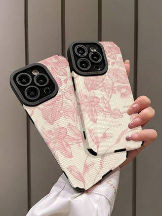 حافظة هاتف ناعمة سيليكونية مضادة للصدمات بتصميم شرائط عمودية وبنقش زهور وداخل قماش جلدي زهري معمول باليد متوافقة مع Apple, S16/S16 Plus/S16 Pro/S16 Pro Max قطعة واحدة