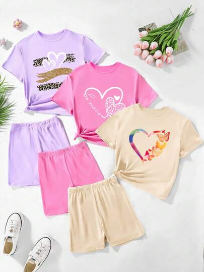 girls-sets 3 طقم بنات أطفال الجاهزة للصيف بطباعة نمر ملون بشكل قلب وتيشرت كم قصير + شورت مجموعة للصيف