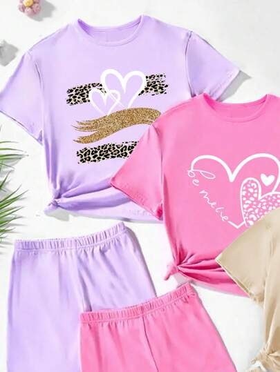 girls-sets 3 طقم بنات أطفال الجاهزة للصيف بطباعة نمر ملون بشكل قلب وتيشرت كم قصير + شورت مجموعة للصيف
