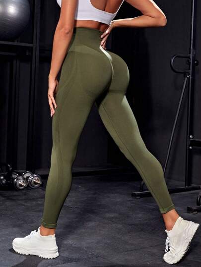 Seamluxe SHEIN Sport سروال لياقة بخصر عالي بتصميم خالٍ من الحياكة مع تحكم في البطن ورفع للمؤخرة للنساء ، مناسب للركض والدراجة والتمرين البدني واليوغا وألعاب البكل بول للاستخدام اليومي ، باللون الأخضر