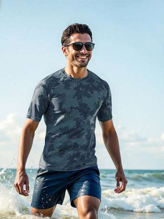 Manfinity Swimmode قميص تي شيرت قصير الأكمام للرجال للتزحلق على الأمواج، موضة مناسبة للصيف، هاواي