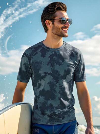 Manfinity Swimmode قميص تي شيرت قصير الأكمام للرجال للتزحلق على الأمواج، موضة مناسبة للصيف، هاواي