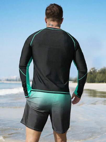 Manfinity Swimmode بدلة سباحة رجالية قطعتين شورت وبلوزة طويلة الأكمام بألوان متباينة، مناسبة للشاطئ والعطلات الصيفية، بطراز هاواي