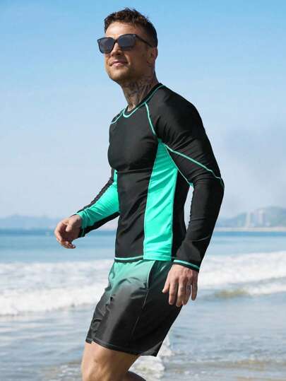 Manfinity Swimmode بدلة سباحة رجالية قطعتين شورت وبلوزة طويلة الأكمام بألوان متباينة، مناسبة للشاطئ والعطلات الصيفية، بطراز هاواي