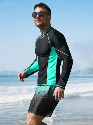 Manfinity Swimmode بدلة سباحة رجالية قطعتين شورت وبلوزة طويلة الأكمام بألوان متباينة، مناسبة للشاطئ والعطلات الصيفية، بطراز هاواي