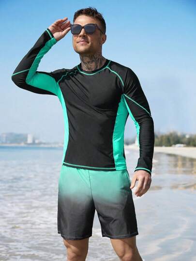 Manfinity Swimmode بدلة سباحة رجالية قطعتين شورت وبلوزة طويلة الأكمام بألوان متباينة، مناسبة للشاطئ والعطلات الصيفية، بطراز هاواي