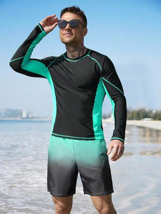 Manfinity Swimmode بدلة سباحة رجالية قطعتين شورت وبلوزة طويلة الأكمام بألوان متباينة، مناسبة للشاطئ والعطلات الصيفية، بطراز هاواي