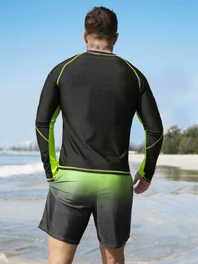 Manfinity Swimmode مجموعتان من بدل السباحة للرجال، ذات أكمام طويلة باللون المتباين مع سراويل قصيرة بتدرج الألوان، هاواي