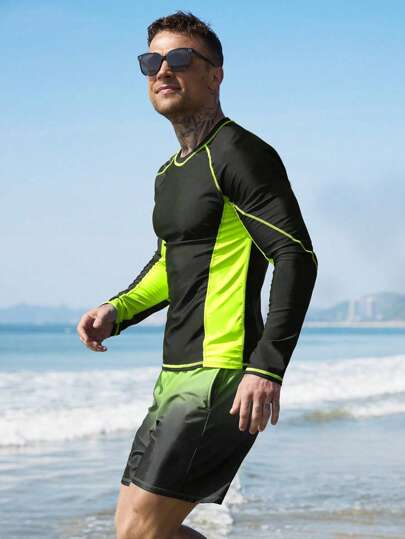 Manfinity Swimmode مجموعتان من بدل السباحة للرجال، ذات أكمام طويلة باللون المتباين مع سراويل قصيرة بتدرج الألوان، هاواي