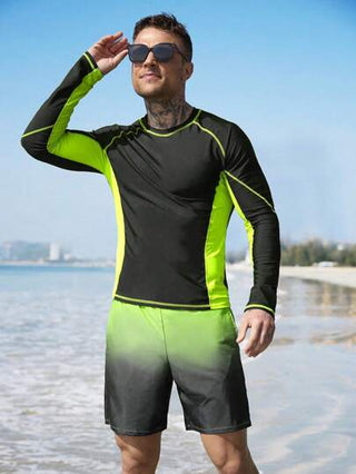 Manfinity Swimmode مجموعتان من بدل السباحة للرجال، ذات أكمام طويلة باللون المتباين مع سراويل قصيرة بتدرج الألوان، هاواي