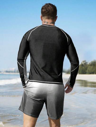 Manfinity Swimmode مجموعة لباس سباحة رجالي قطعتين - بدلة سباحة بأكمام طويلة ذات لونين متباينين و شورت سباحة ملون للون الأومبير, طراز هاواي