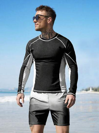 Manfinity Swimmode مجموعة لباس سباحة رجالي قطعتين - بدلة سباحة بأكمام طويلة ذات لونين متباينين و شورت سباحة ملون للون الأومبير, طراز هاواي