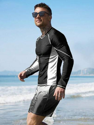 Manfinity Swimmode مجموعة لباس سباحة رجالي قطعتين - بدلة سباحة بأكمام طويلة ذات لونين متباينين و شورت سباحة ملون للون الأومبير, طراز هاواي