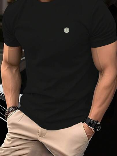 Manfinity Homme قميص تي شيرت رجالي بياقة طاقم وأكمام قصيرة بنمط كاجوال وقصة ضيقة،صيفي
