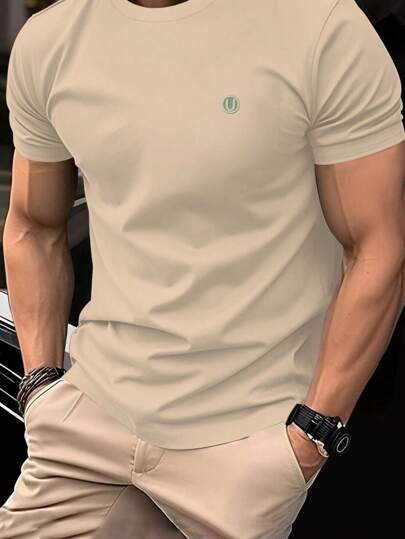 Manfinity Homme قميص تي شيرت رجالي بياقة طاقم بأكمام قصيرة بسيط كاجوال، قمصان رجالي صيفية