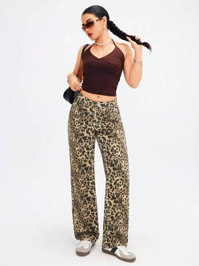 SHEIN EZwear جينز مستقيم ذو جيوب برسم النمر للكاجوال
