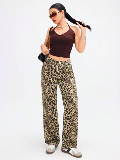 SHEIN EZwear جينز مستقيم ذو جيوب برسم النمر للكاجوال