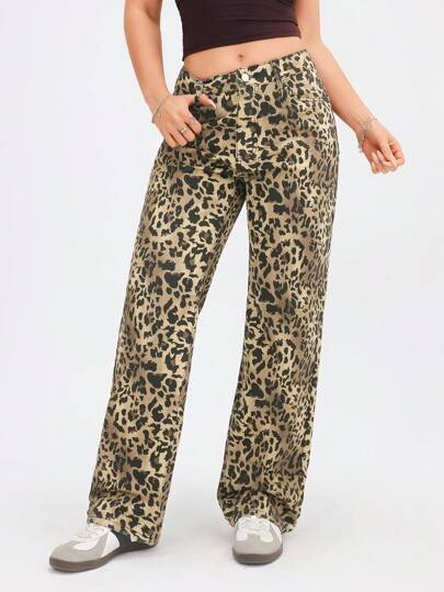 SHEIN EZwear جينز مستقيم ذو جيوب برسم النمر للكاجوال