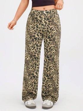 SHEIN EZwear جينز مستقيم ذو جيوب برسم النمر للكاجوال