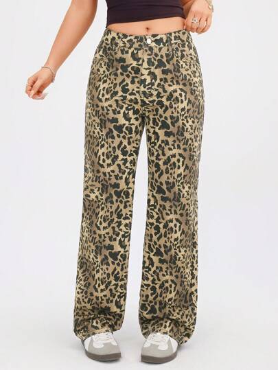 SHEIN EZwear جينز مستقيم ذو جيوب برسم النمر للكاجوال