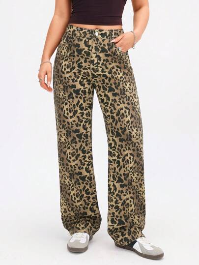 SHEIN EZwear جينز مستقيم ذو جيوب برسم النمر للكاجوال